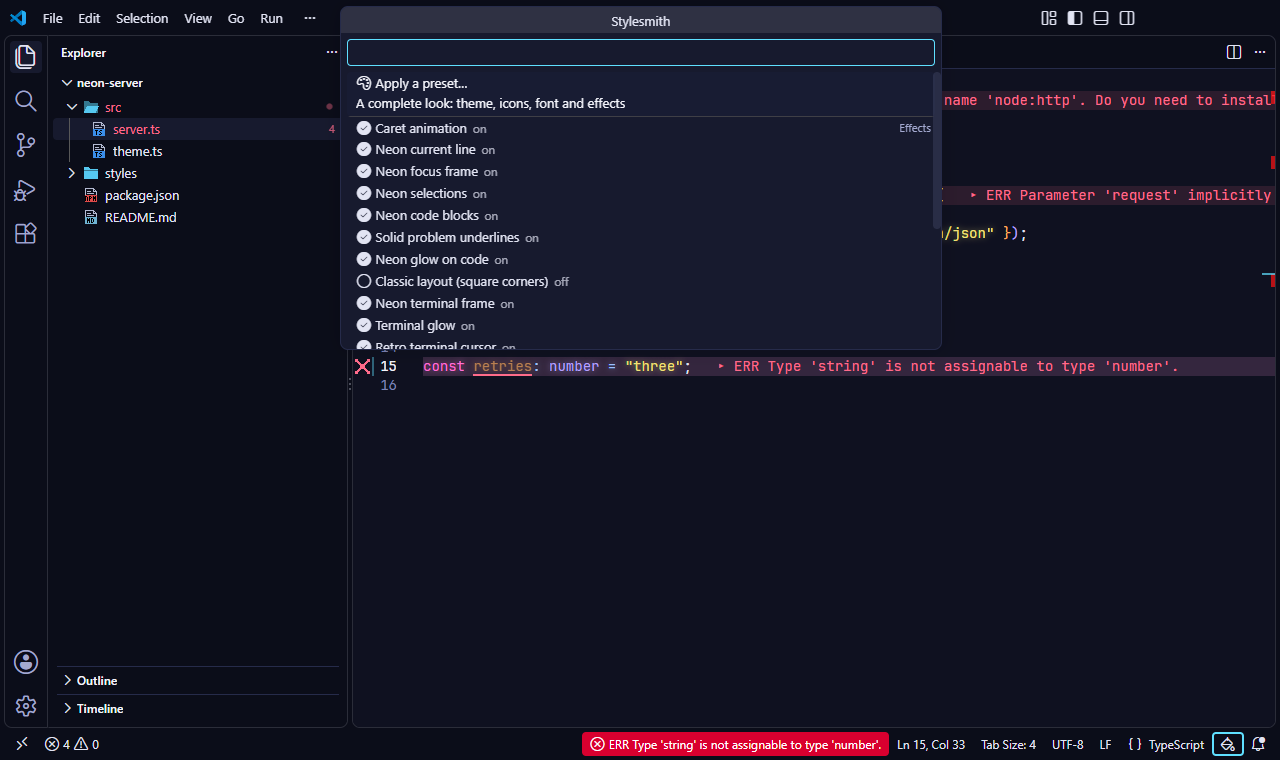 The Stylesmith menu, opened from the outlined paint-can button in the status bar: Apply a preset, then every effect with on or off.