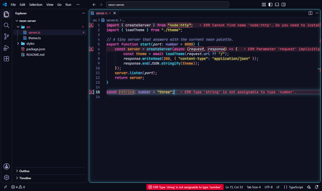 VS Code with the Night City preset: a dark indigo theme with pink and cyan neon code, glowing highlights, pixel file icons, and errors shown on their lines.