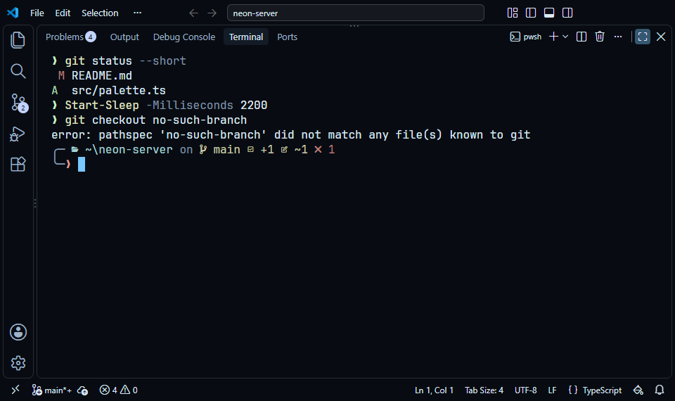 The Stylesmith Oh My Posh prompt in PowerShell, in VS Code's terminal with the Black ICE preset: the folder, the git branch with a staged and a changed file, and the error state of a failed command