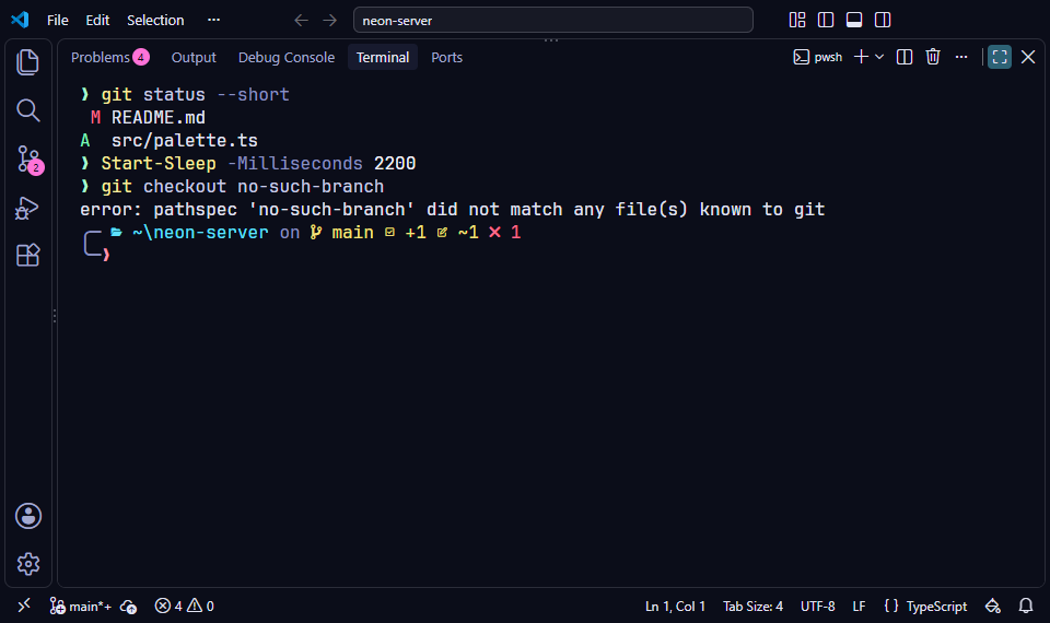 The Stylesmith Oh My Posh prompt in PowerShell, in VS Code's terminal with the Night City preset: the folder, the git branch with a staged and a changed file, and the error state of a failed command