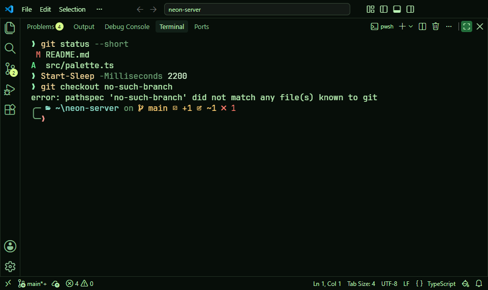 The Stylesmith Oh My Posh prompt in PowerShell, in VS Code's terminal with the Phosphor Terminal preset: the folder, the git branch with a staged and a changed file, and the error state of a failed command