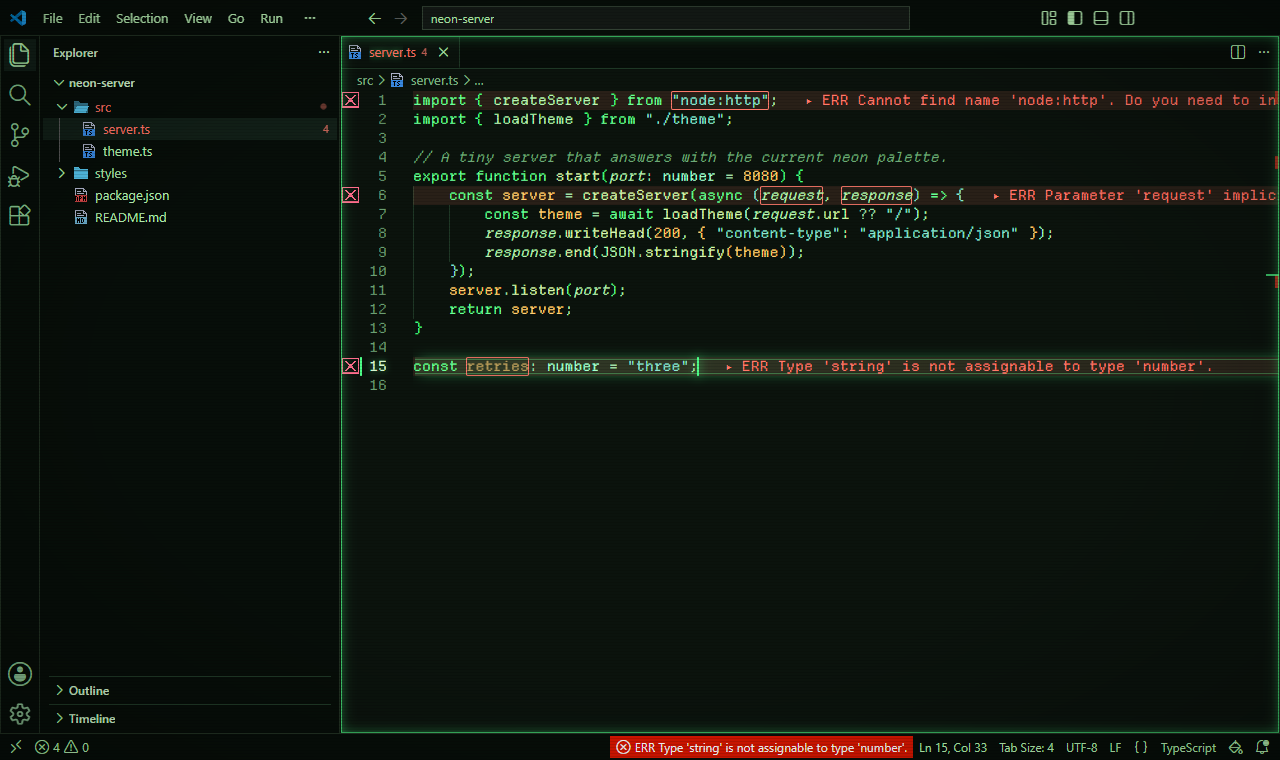 Phosphor Terminal: green text on black in a pixel font, with square panels.