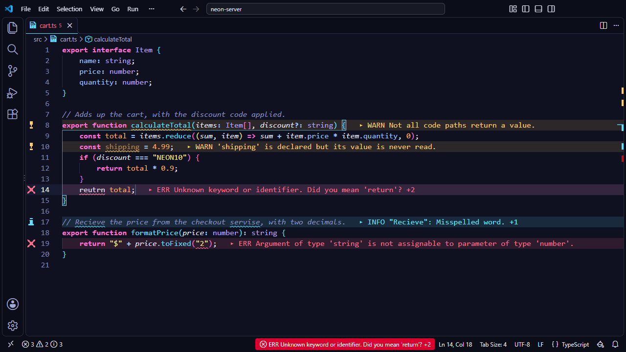 VS Code with the Problem Lens: errors, warnings and an info message shown at the end of their lines, with an icon for each in the gutter